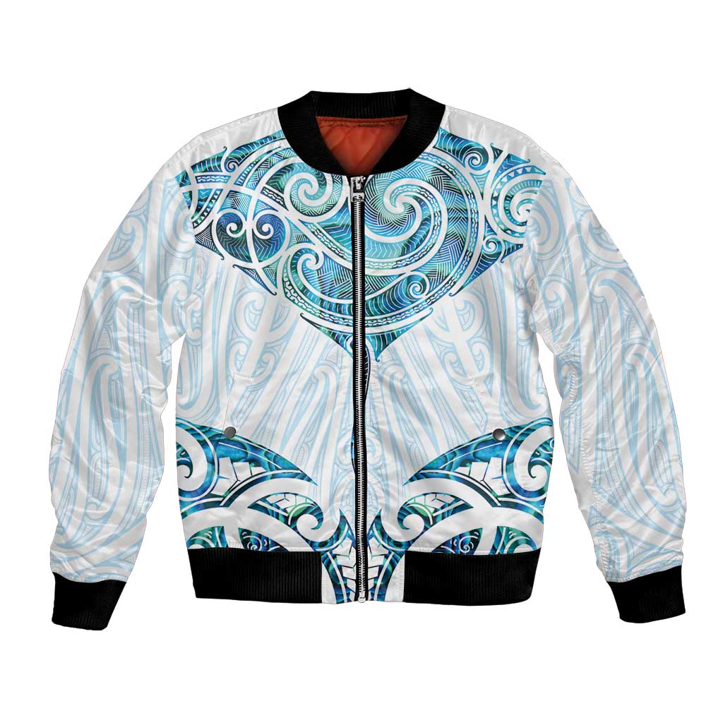 New Zealand Manta Ray Tattoo Bomber Jacket Aotearoa Maori Haehae Paua Shell LT14 Unisex White - Polynesian Pride
