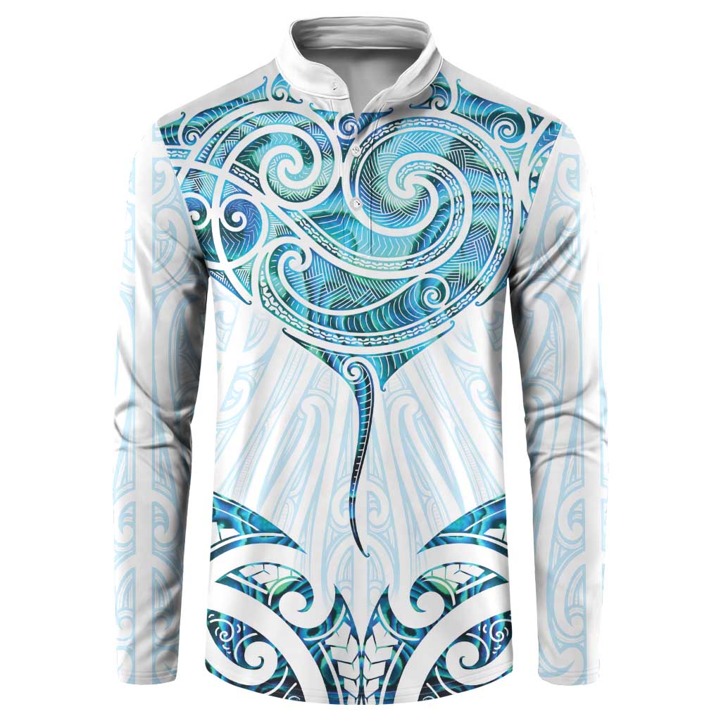 New Zealand Manta Ray Tattoo Button Sweatshirt Aotearoa Maori Haehae Paua Shell LT14 White - Polynesian Pride