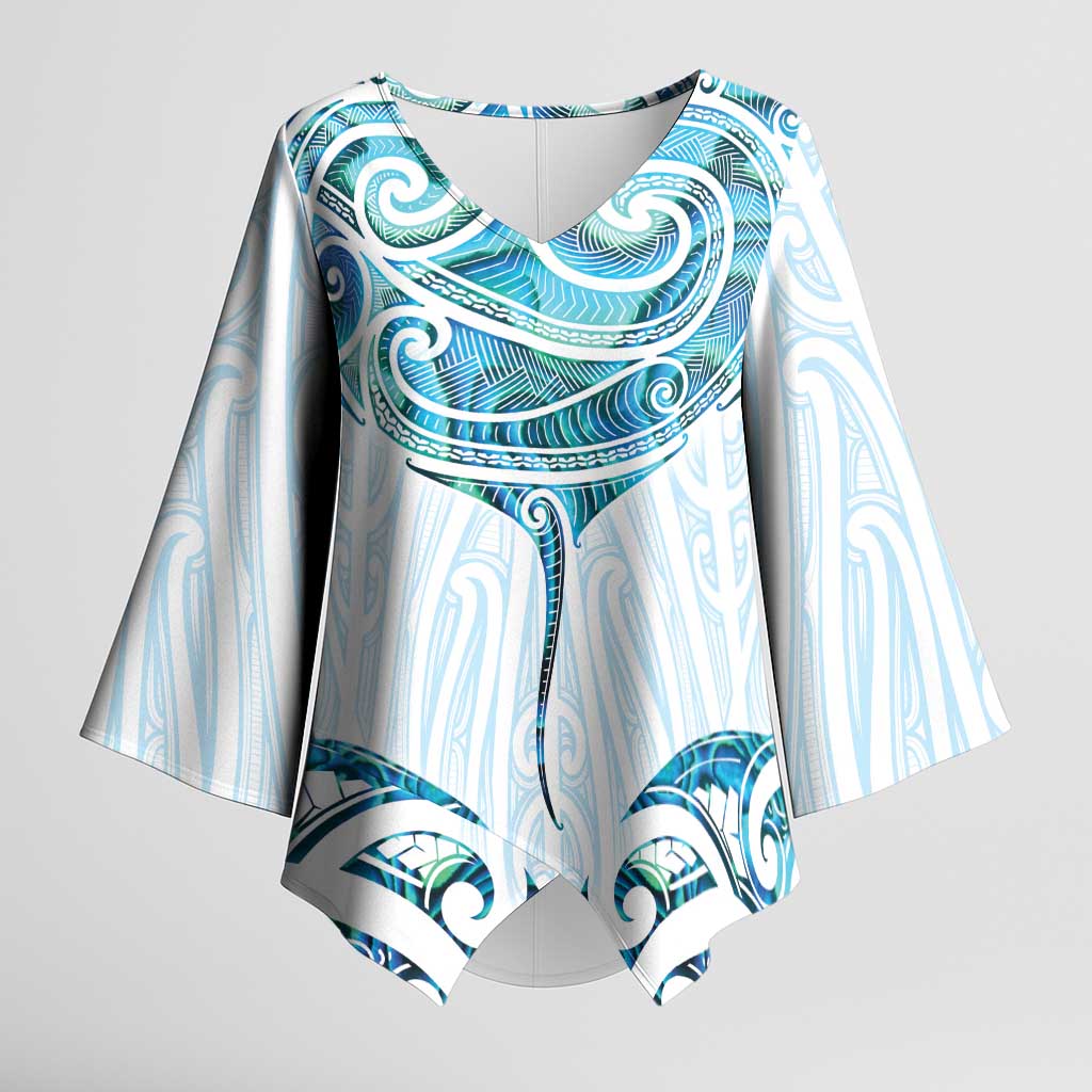 New Zealand Manta Ray Tattoo Kimono Sleeve Blouse Aotearoa Maori Haehae Paua Shell LT14 Female White - Polynesian Pride