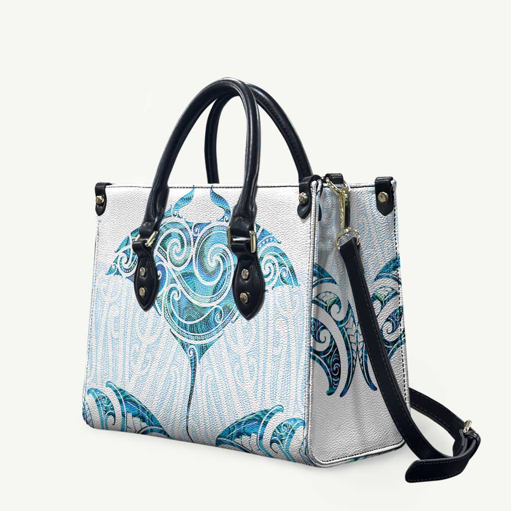 New Zealand Manta Ray Tattoo Leather Bag Aotearoa Maori Haehae Paua Shell LT14 White - Polynesian Pride