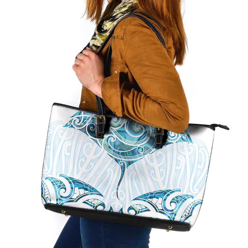 New Zealand Manta Ray Tattoo Leather Tote Bag Aotearoa Maori Haehae Paua Shell LT14 White - Polynesian Pride