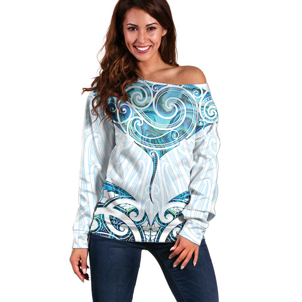 New Zealand Manta Ray Tattoo Off Shoulder Sweater Aotearoa Maori Haehae Paua Shell LT14 Women White - Polynesian Pride