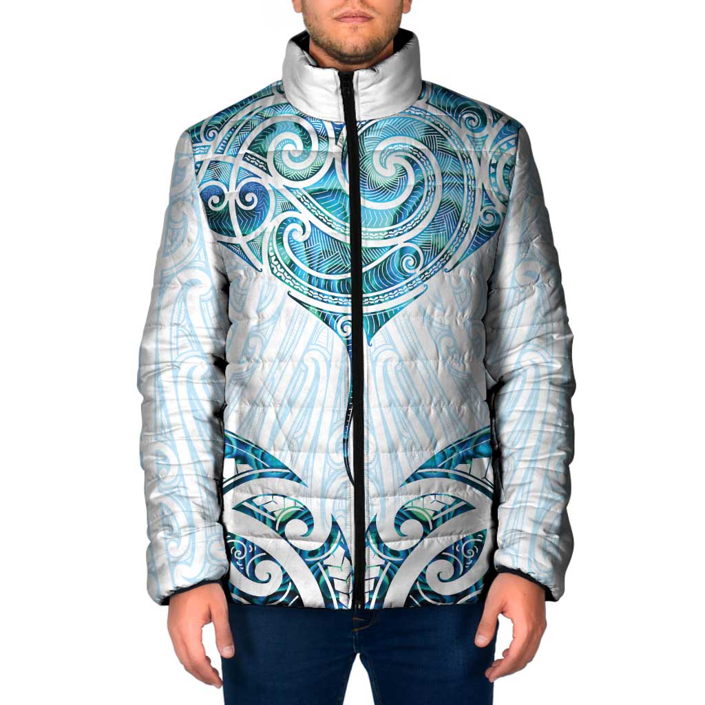 New Zealand Manta Ray Tattoo Padded Jacket Aotearoa Maori Haehae Paua Shell LT14 Men White - Polynesian Pride