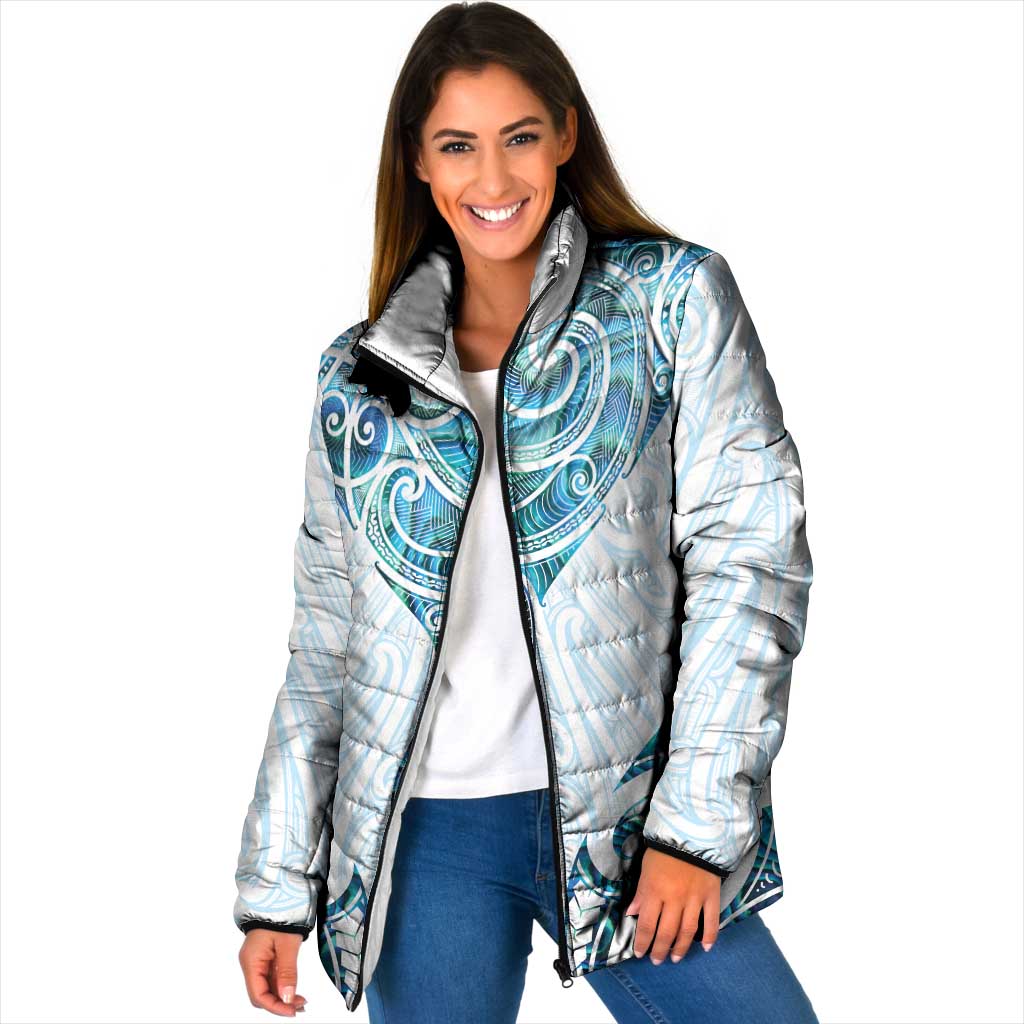 New Zealand Manta Ray Tattoo Padded Jacket Aotearoa Maori Haehae Paua Shell LT14 Women White - Polynesian Pride