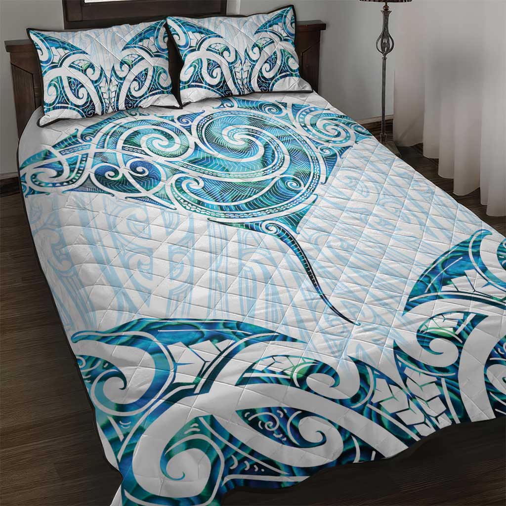 New Zealand Manta Ray Tattoo Quilt Bed Set Aotearoa Maori Haehae Paua Shell LT14 White - Polynesian Pride