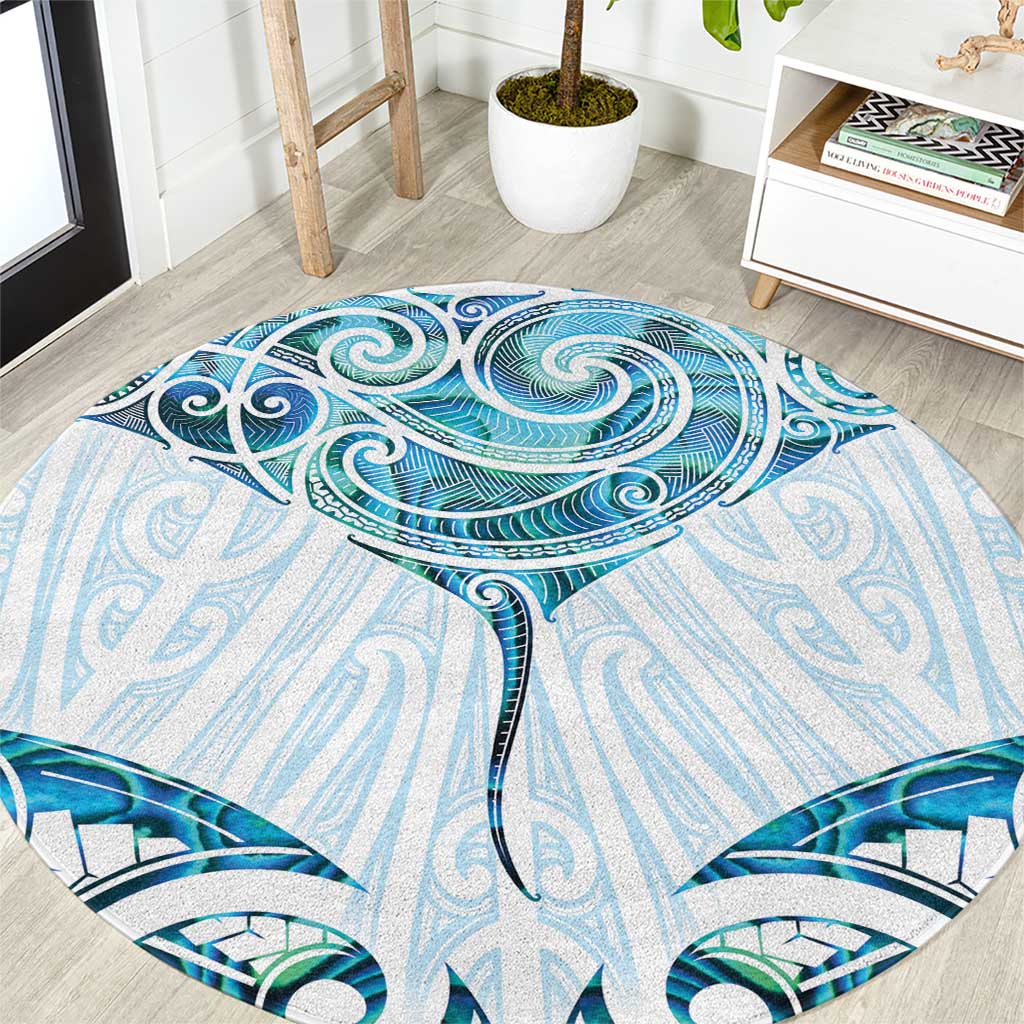 New Zealand Manta Ray Tattoo Round Carpet Aotearoa Maori Haehae Paua Shell LT14 White - Polynesian Pride