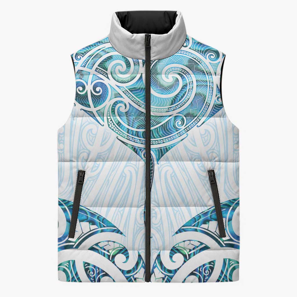 New Zealand Manta Ray Tattoo Sleeveless Puffer Jacket Aotearoa Maori Haehae Paua Shell LT14 Unisex White - Polynesian Pride