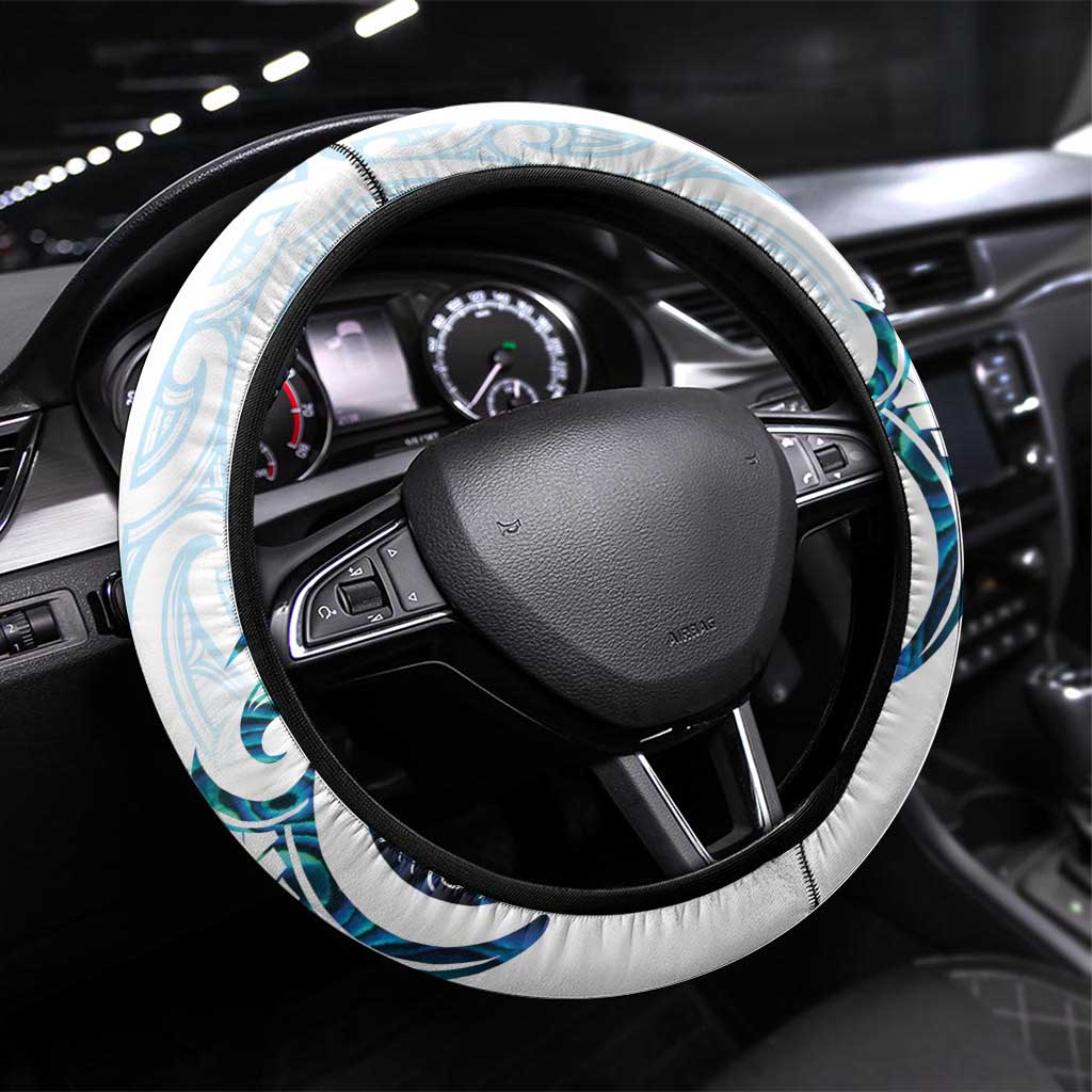 New Zealand Manta Ray Tattoo Steering Wheel Cover Aotearoa Maori Haehae Paua Shell LT14 Universal Fit White - Polynesian Pride