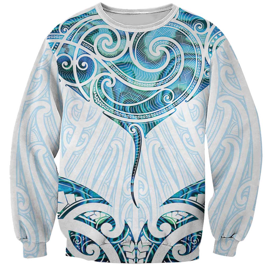 New Zealand Manta Ray Tattoo Sweatshirt Aotearoa Maori Haehae Paua Shell LT14 Unisex White - Polynesian Pride