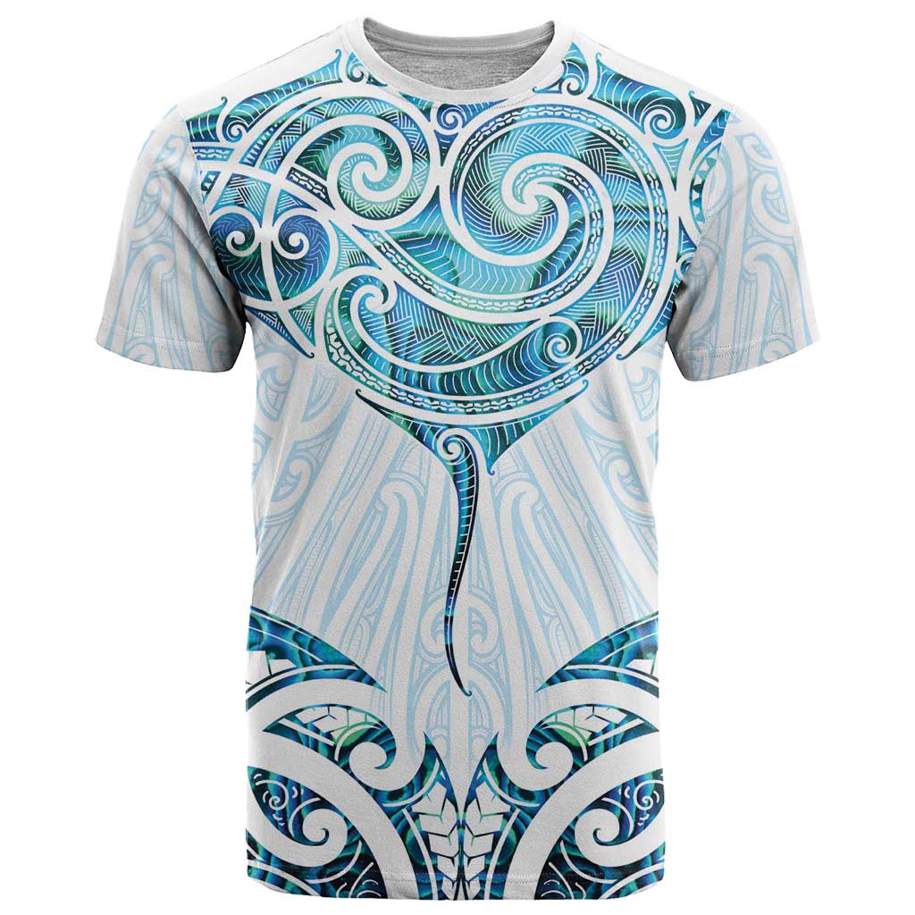 New Zealand Manta Ray Tattoo T Shirt Aotearoa Maori Haehae Paua Shell LT14 White - Polynesian Pride