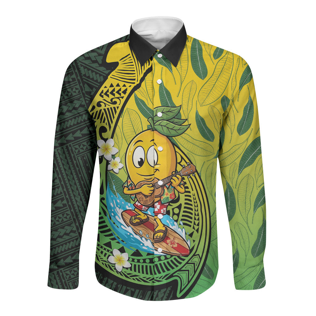 Hawaii Surfing Mango Long Sleeve Button Shirt Manako Polynesian Fish Hook LT14 Unisex Green - Polynesian Pride