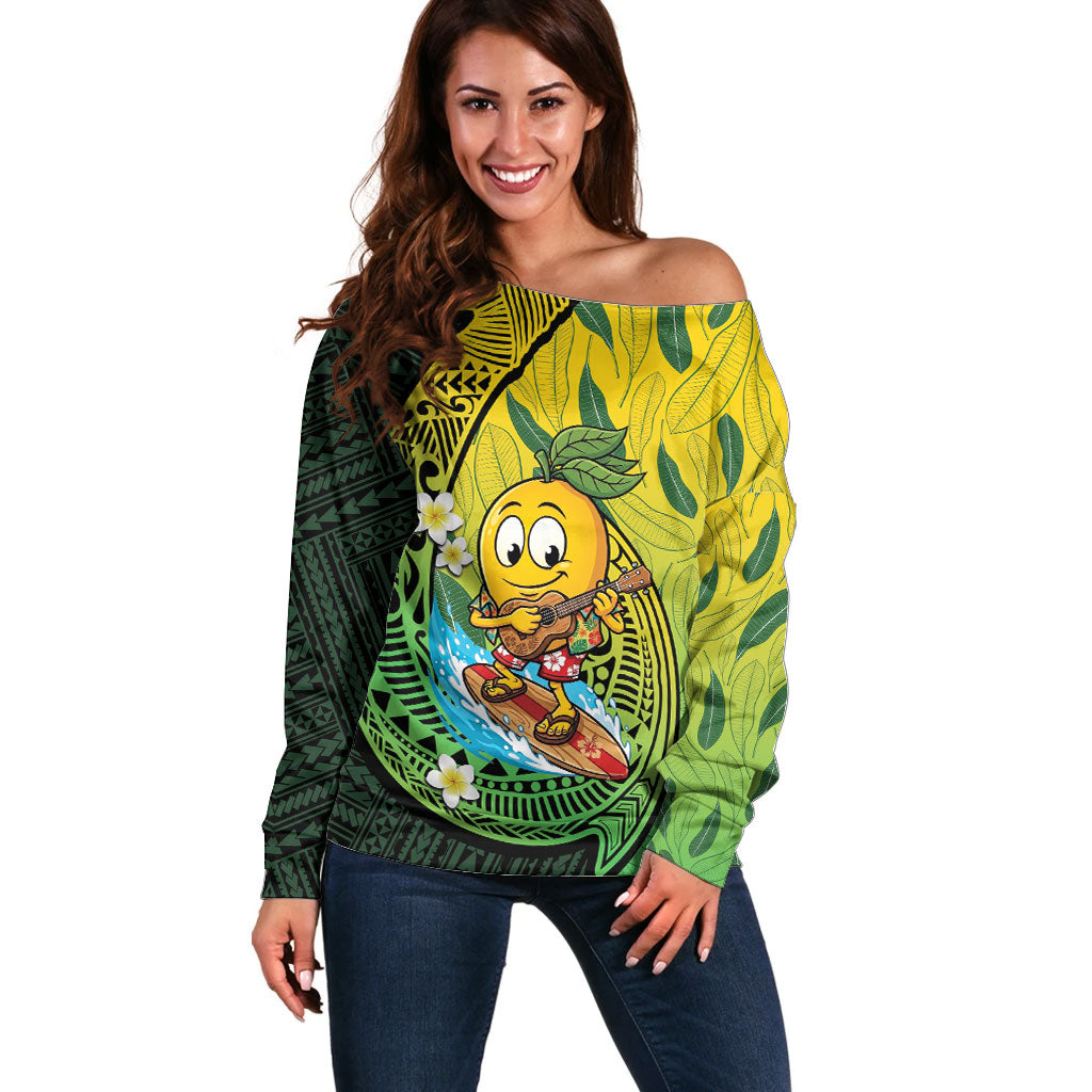Hawaii Surfing Mango Off Shoulder Sweater Manako Polynesian Fish Hook LT14 Women Green - Polynesian Pride