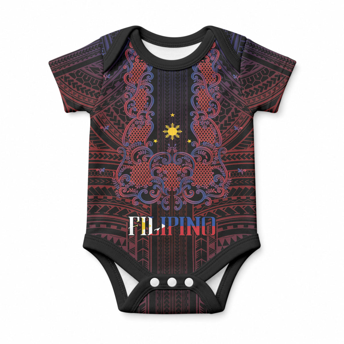 Filipino Barong Tagalog Inspired Personalised Baby Onesie Mabuhay Philippines Festival Polynesian Pattern LT14 Black - Polynesian Pride