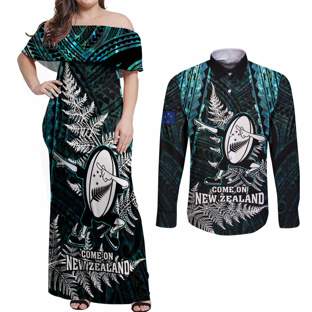 New Zealand Silver Fern Rugby Couples Matching Off Shoulder Maxi Dress and Long Sleeve Button Shirts Aotearoa All Black Dabbing Ball With Maori Paua Shell LT14 Turquoise - Polynesian Pride