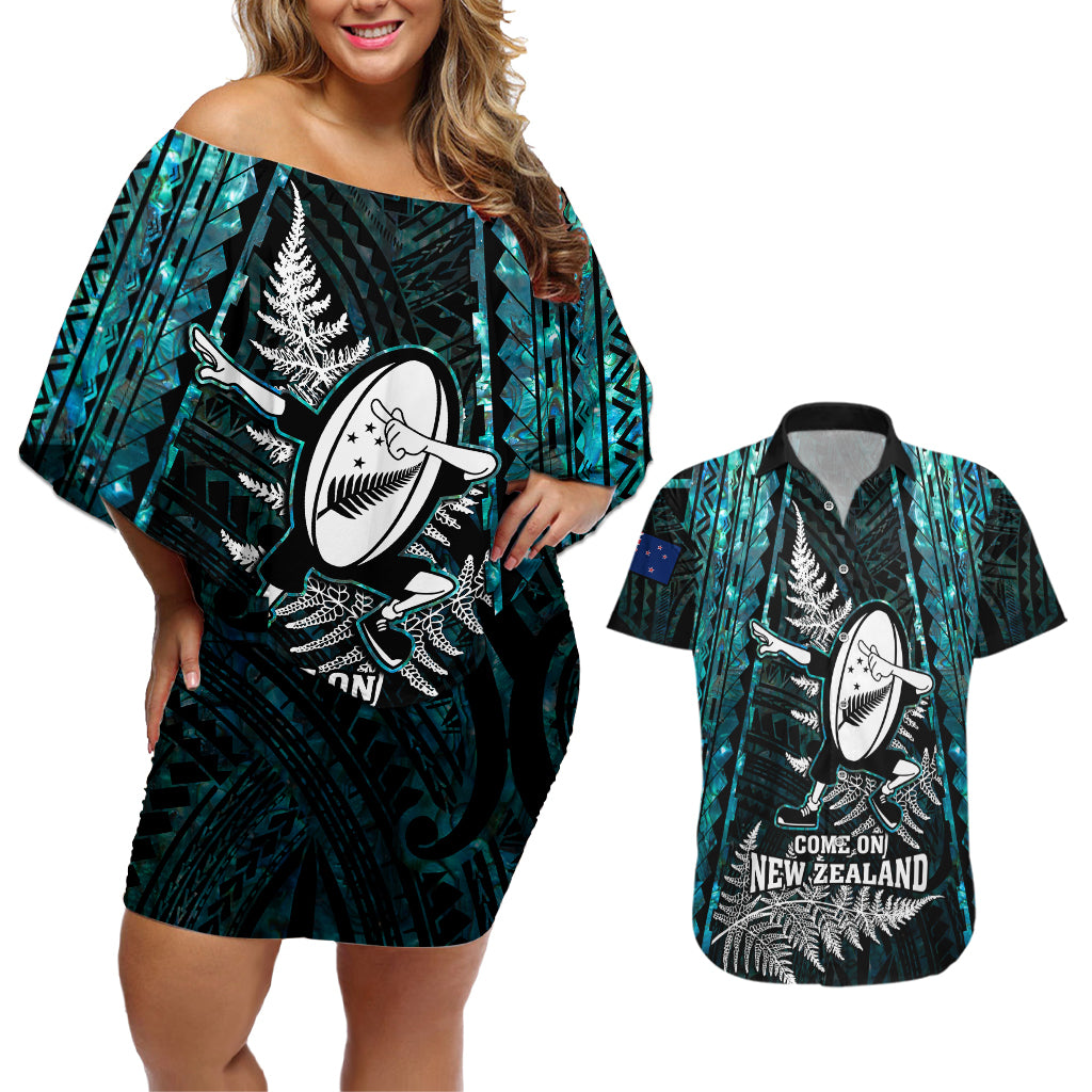 New Zealand Silver Fern Rugby Couples Matching Off Shoulder Short Dress and Hawaiian Shirt Aotearoa All Black Dabbing Ball With Maori Paua Shell LT14 Turquoise - Polynesian Pride