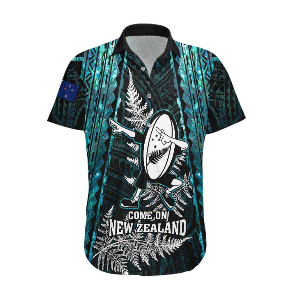 New Zealand Silver Fern Rugby Hawaiian Shirt Aotearoa All Black Dabbing Ball With Maori Paua Shell LT14 Turquoise - Polynesian Pride