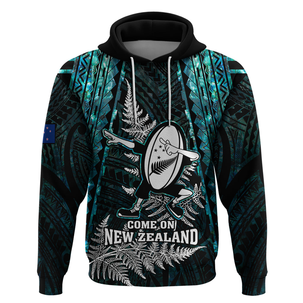 New Zealand Silver Fern Rugby Hoodie Aotearoa All Black Dabbing Ball With Maori Paua Shell LT14 Turquoise - Polynesian Pride