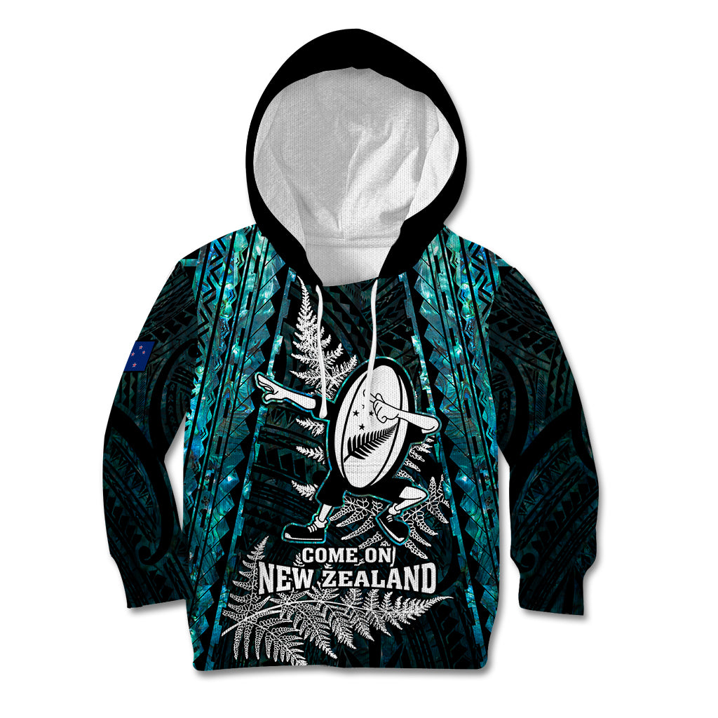 New Zealand Silver Fern Rugby Kid Hoodie Aotearoa All Black Dabbing Ball With Maori Paua Shell LT14 Hoodie Turquoise - Polynesian Pride