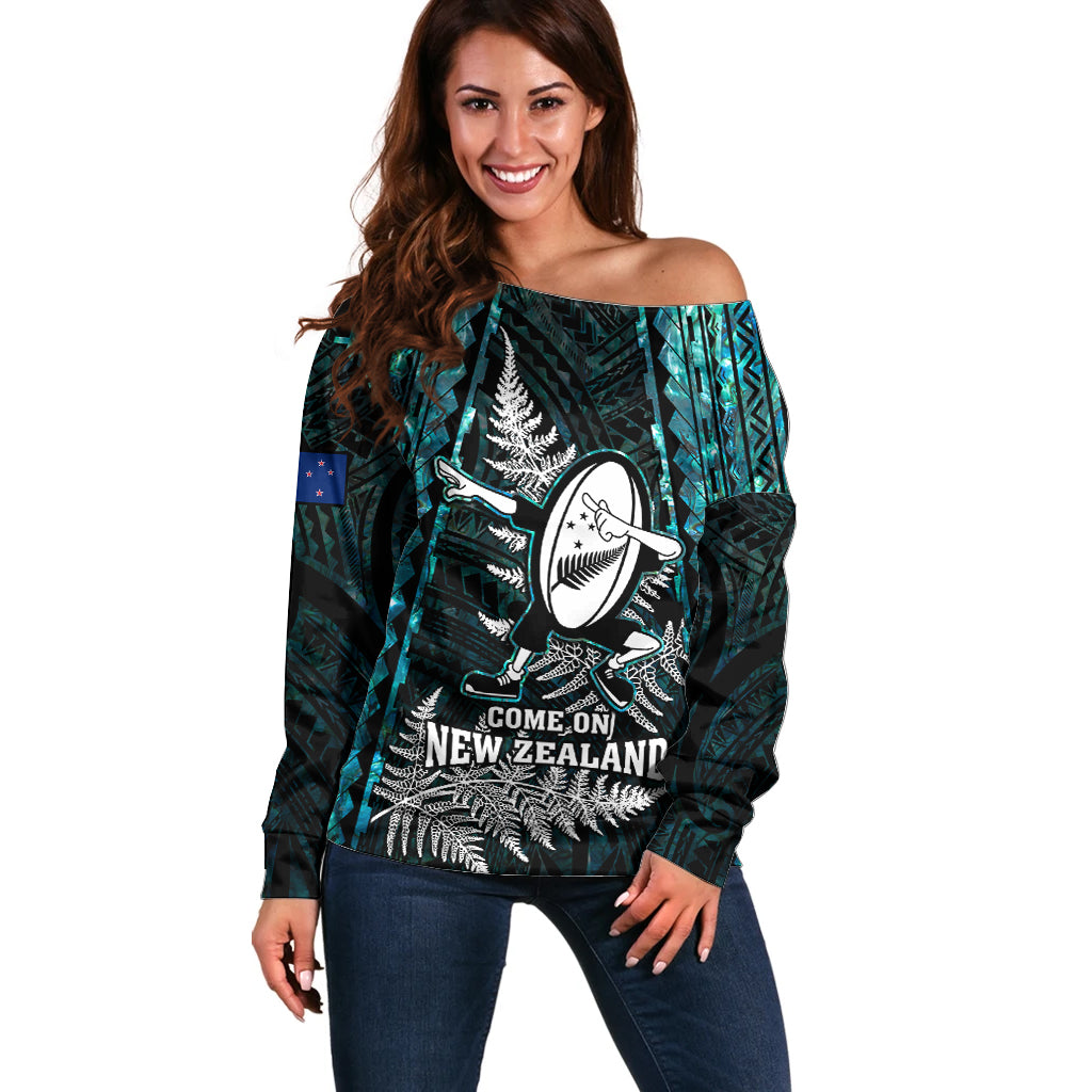 New Zealand Silver Fern Rugby Off Shoulder Sweater Aotearoa All Black Dabbing Ball With Maori Paua Shell LT14 Women Turquoise - Polynesian Pride