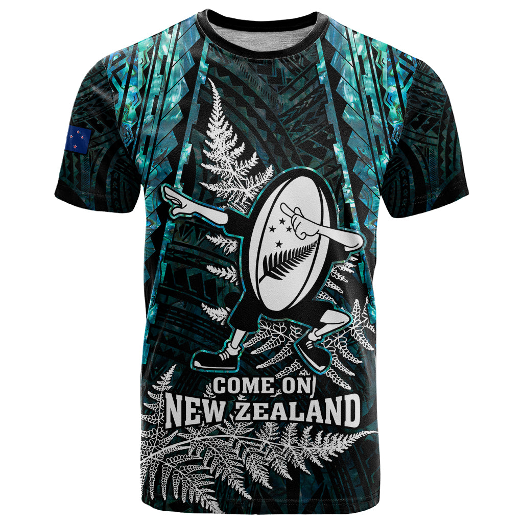 New Zealand Silver Fern Rugby T Shirt Aotearoa All Black Dabbing Ball With Maori Paua Shell LT14 Turquoise - Polynesian Pride