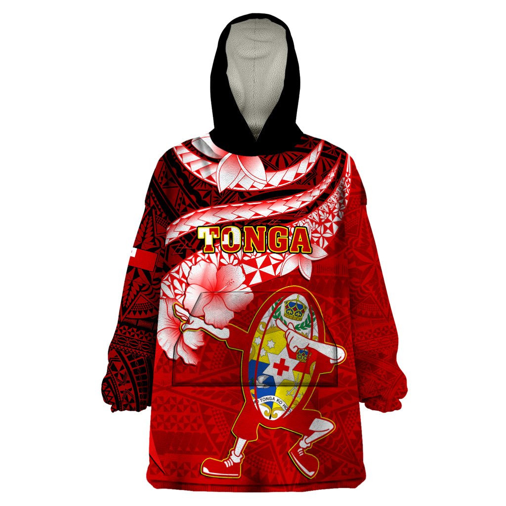 Tonga Rugby Wearable Blanket Hoodie Ikale Tahi Tongan Ngatu Pattern With Dabbing Ball LT14 One Size Red - Polynesian Pride