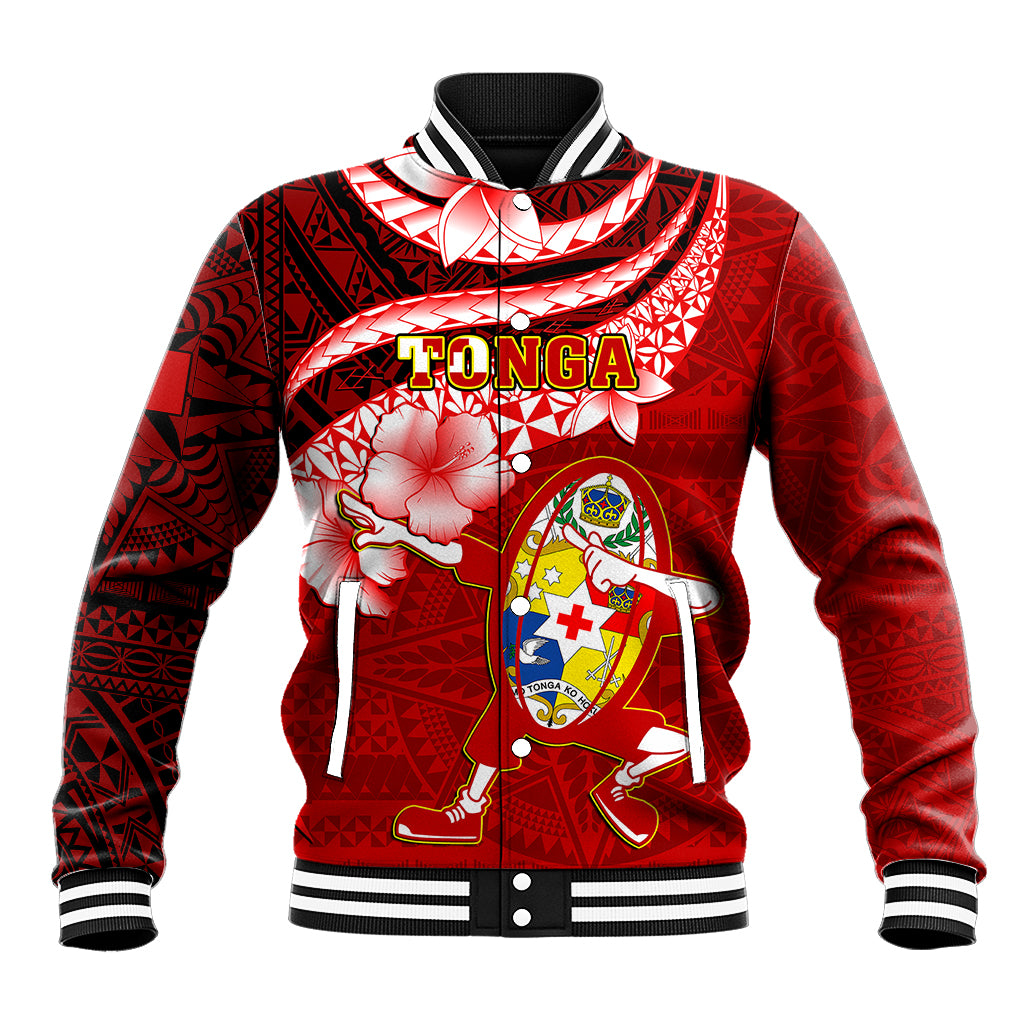 Custom Tonga Rugby Baseball Jacket Ikale Tahi Tongan Ngatu Pattern With Dabbing Ball LT14 Unisex Red - Polynesian Pride