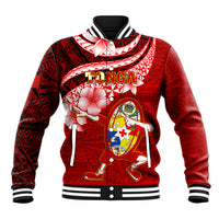 Custom Tonga Rugby Baseball Jacket Ikale Tahi Tongan Ngatu Pattern With Dabbing Ball LT14 Unisex Red - Polynesian Pride