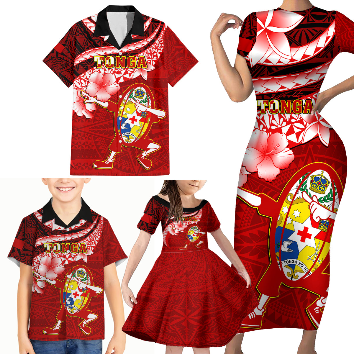 Custom Tonga Rugby Family Matching Short Sleeve Bodycon Dress and Hawaiian Shirt Ikale Tahi Tongan Ngatu Pattern With Dabbing Ball LT14 - Polynesian Pride