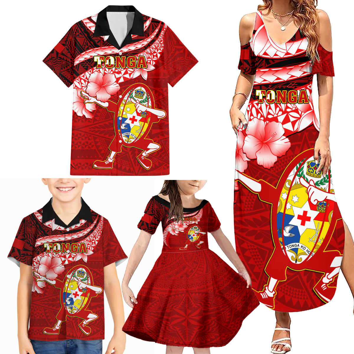 Custom Tonga Rugby Family Matching Summer Maxi Dress and Hawaiian Shirt Ikale Tahi Tongan Ngatu Pattern With Dabbing Ball LT14 - Polynesian Pride