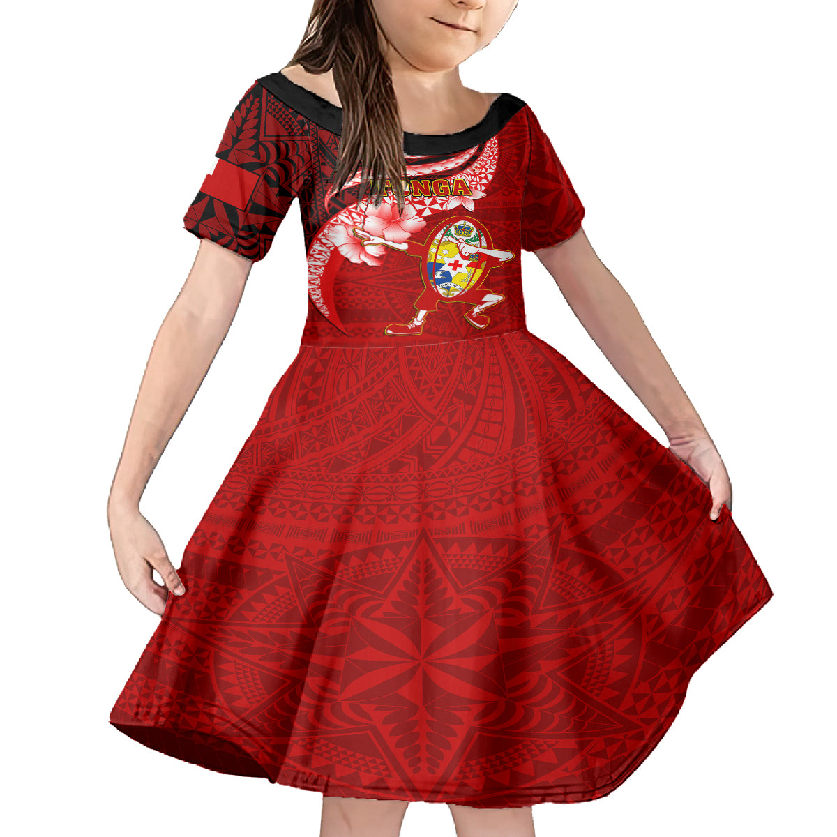Custom Tonga Rugby Kid Short Sleeve Dress Ikale Tahi Tongan Ngatu Pattern With Dabbing Ball LT14 KID Red - Polynesian Pride