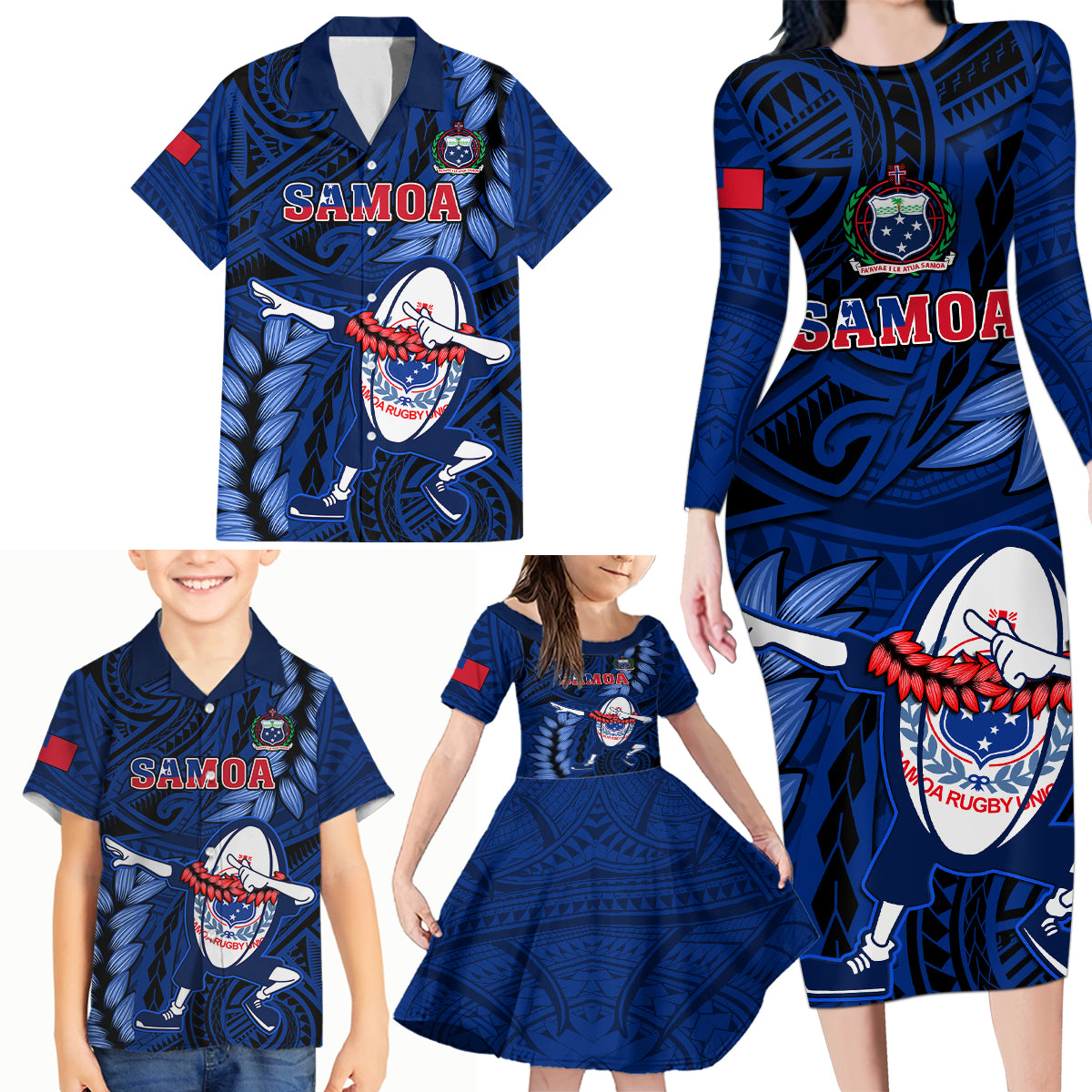 Samoa Rugby Family Matching Long Sleeve Bodycon Dress and Hawaiian Shirt Manu Samoa Ula Fala Dabbing Ball Polynesian Blue Version LT14 - Polynesian Pride