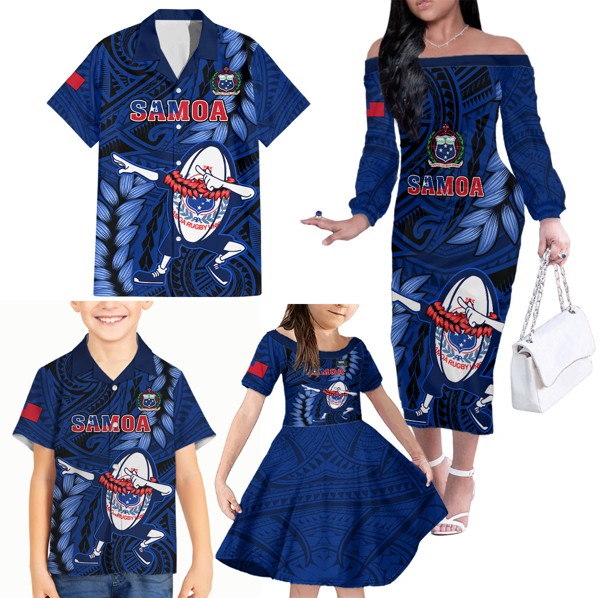 Samoa Rugby Family Matching Off Shoulder Long Sleeve Dress and Hawaiian Shirt Manu Samoa Ula Fala Dabbing Ball Polynesian Blue Version LT14 - Polynesian Pride