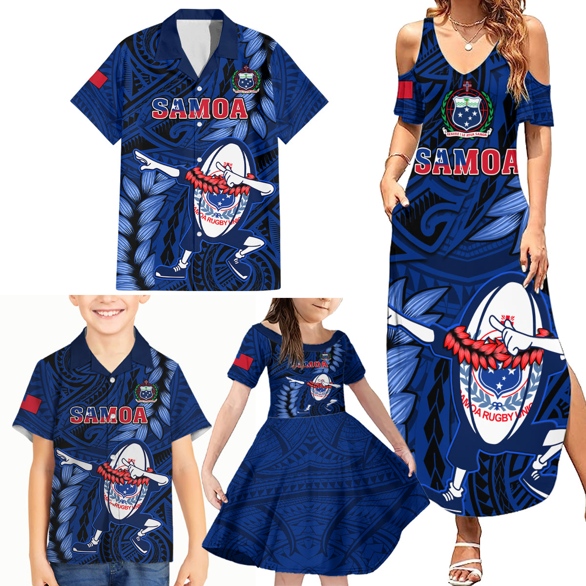 Samoa Rugby Family Matching Summer Maxi Dress and Hawaiian Shirt Manu Samoa Ula Fala Dabbing Ball Polynesian Blue Version LT14 - Polynesian Pride