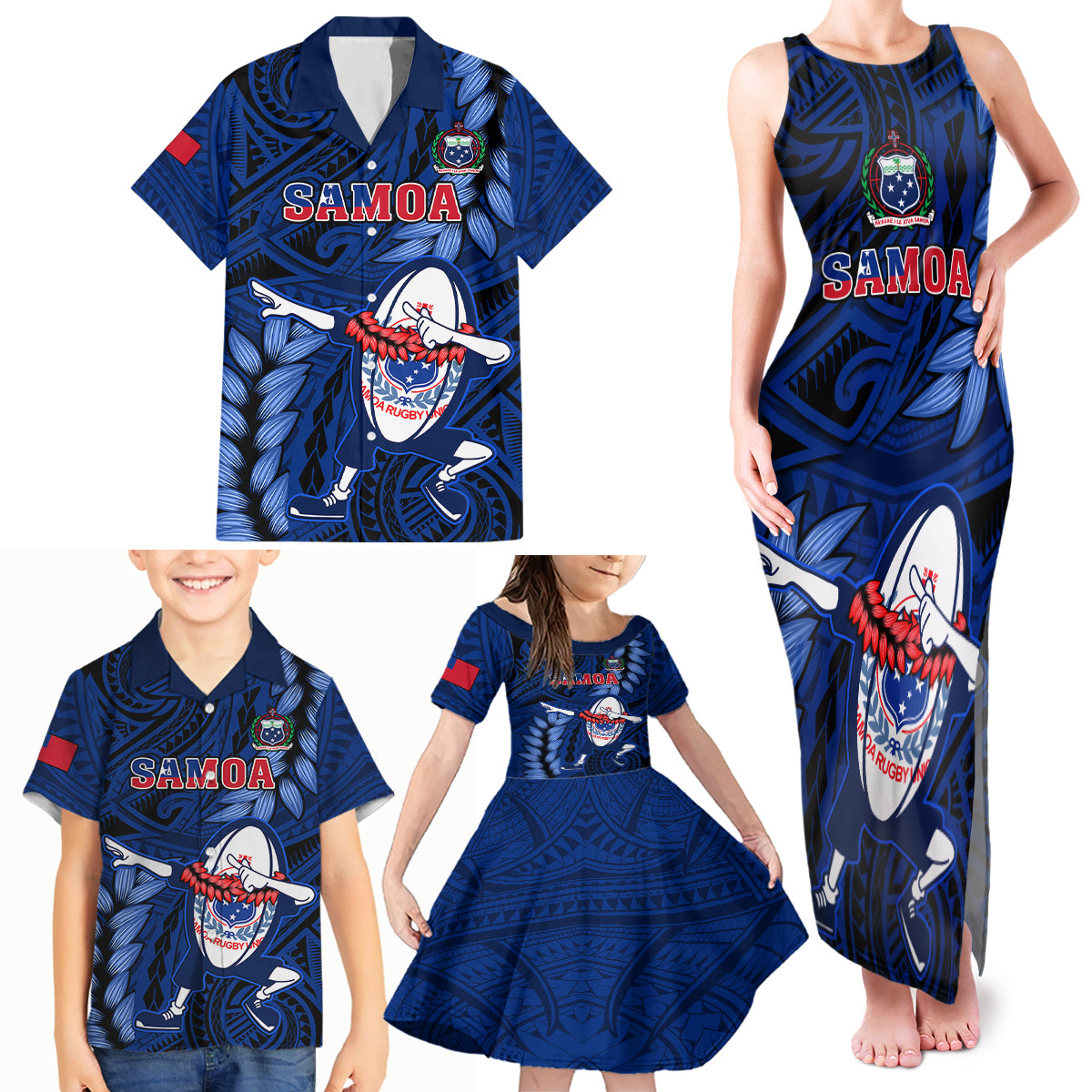 Samoa Rugby Family Matching Tank Maxi Dress and Hawaiian Shirt Manu Samoa Ula Fala Dabbing Ball Polynesian Blue Version LT14 - Polynesian Pride