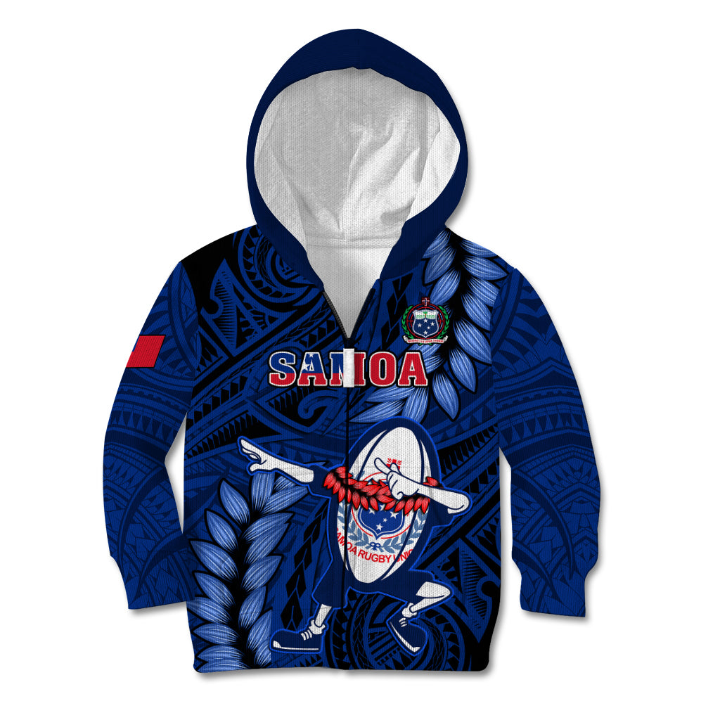 Samoa Rugby Kid Hoodie Manu Samoa Ula Fala Dabbing Ball Polynesian Blue Version LT14 Zip Hoodie Blue - Polynesian Pride