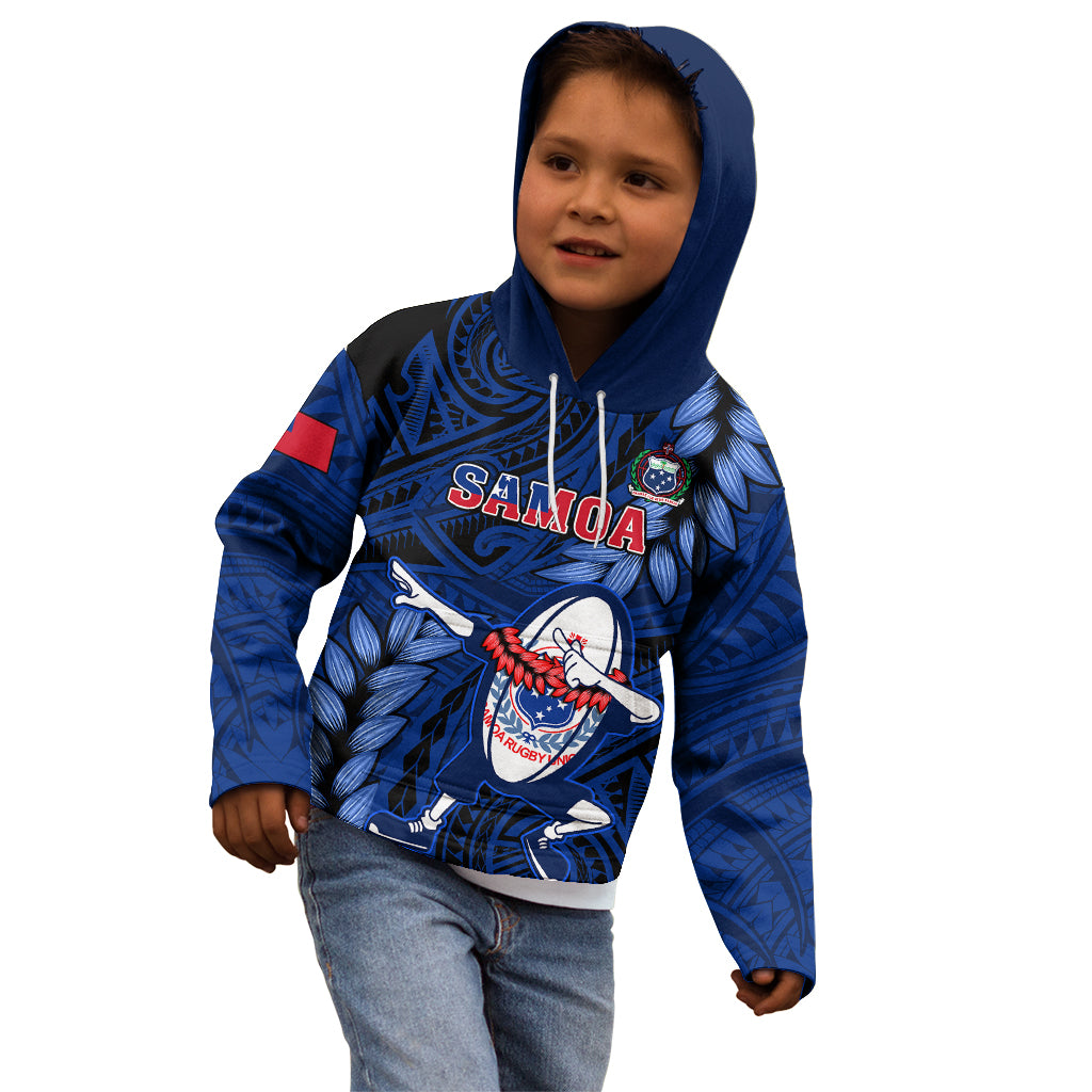 Samoa Rugby Kid Hoodie Manu Samoa Ula Fala Dabbing Ball Polynesian Blue Version LT14 - Polynesian Pride