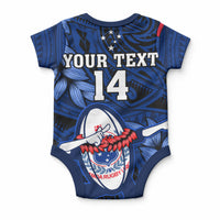 Custom Samoa Rugby Baby Onesie Manu Samoa Ula Fala Dabbing Ball Polynesian Blue Version LT14 - Polynesian Pride