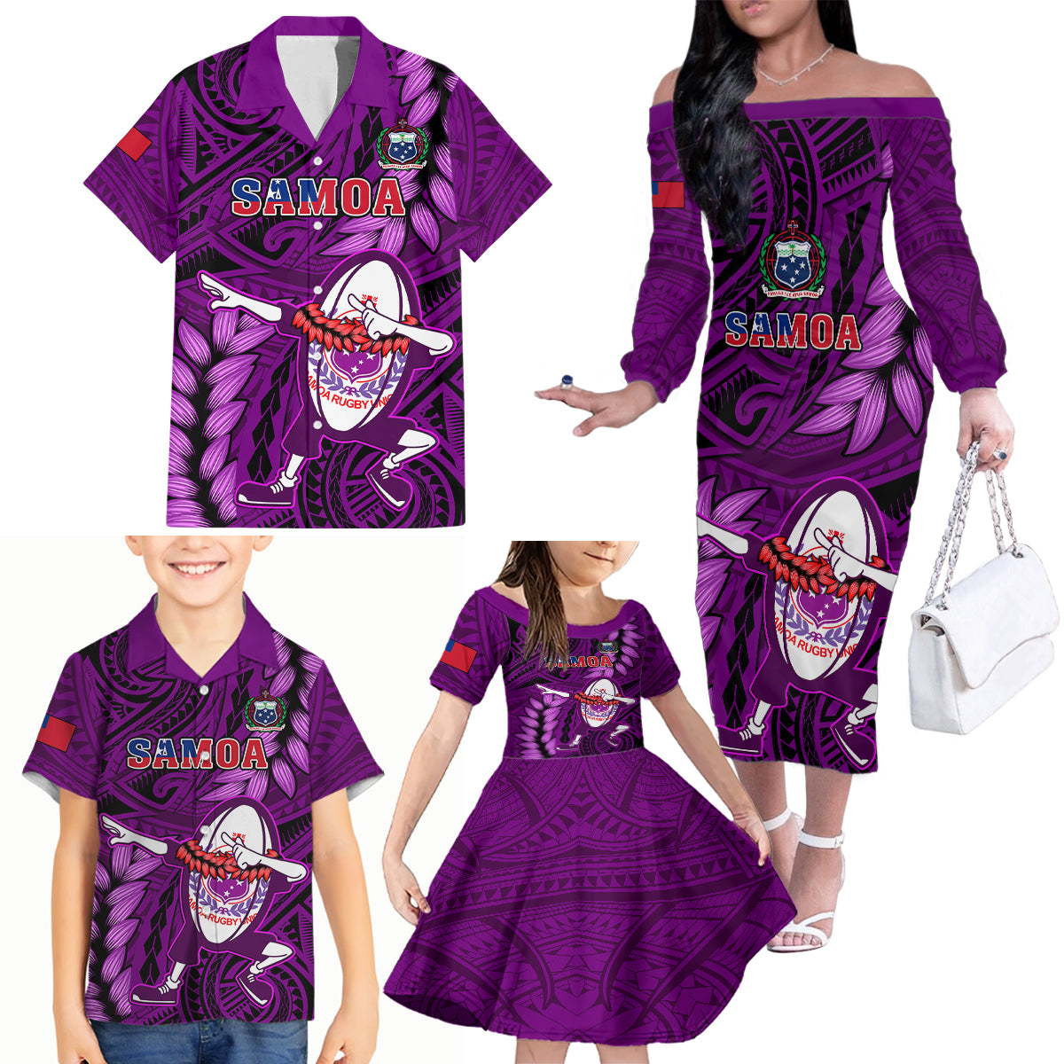 Samoa Rugby Family Matching Off Shoulder Long Sleeve Dress and Hawaiian Shirt Manu Samoa Ula Fala Dabbing Ball Polynesian Purple Version LT14 Purple - Polynesian Pride