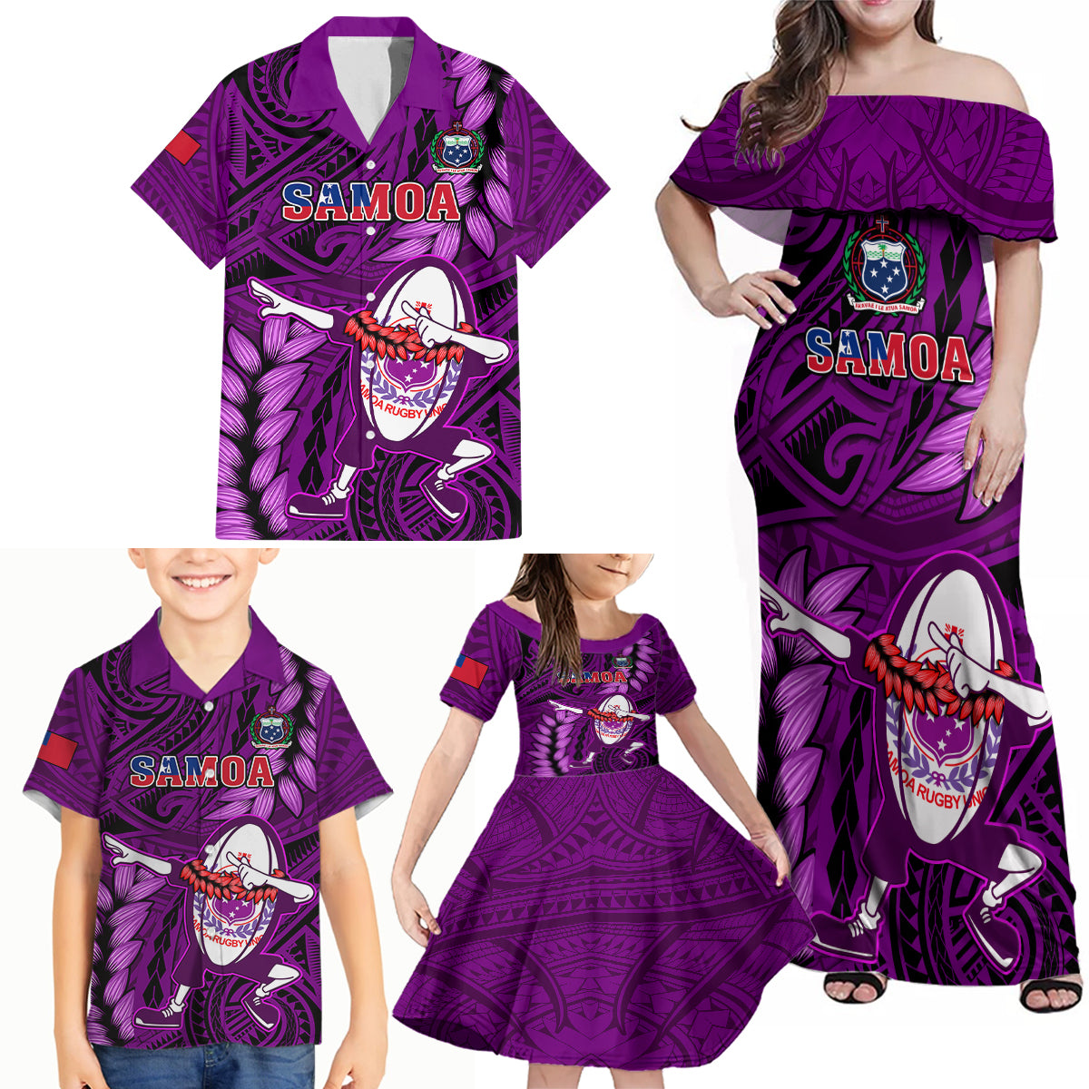 Samoa Rugby Family Matching Off Shoulder Maxi Dress and Hawaiian Shirt Manu Samoa Ula Fala Dabbing Ball Polynesian Purple Version LT14 Purple - Polynesian Pride