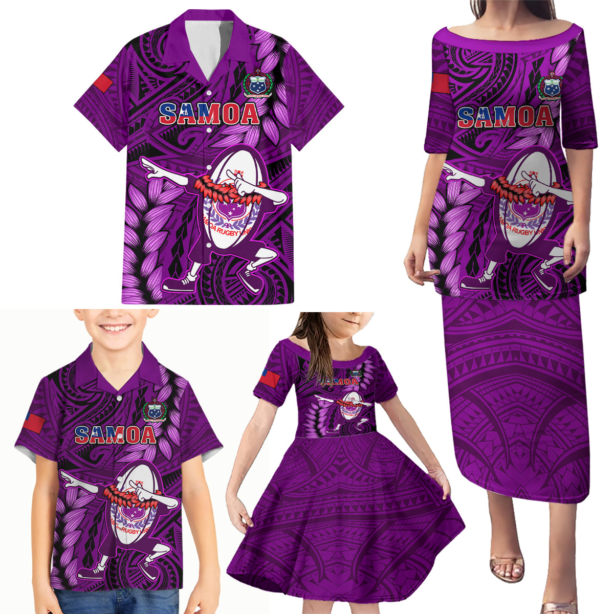 Samoa Rugby Family Matching Puletasi Dress and Hawaiian Shirt Manu Samoa Ula Fala Dabbing Ball Polynesian Purple Version LT14 Purple - Polynesian Pride