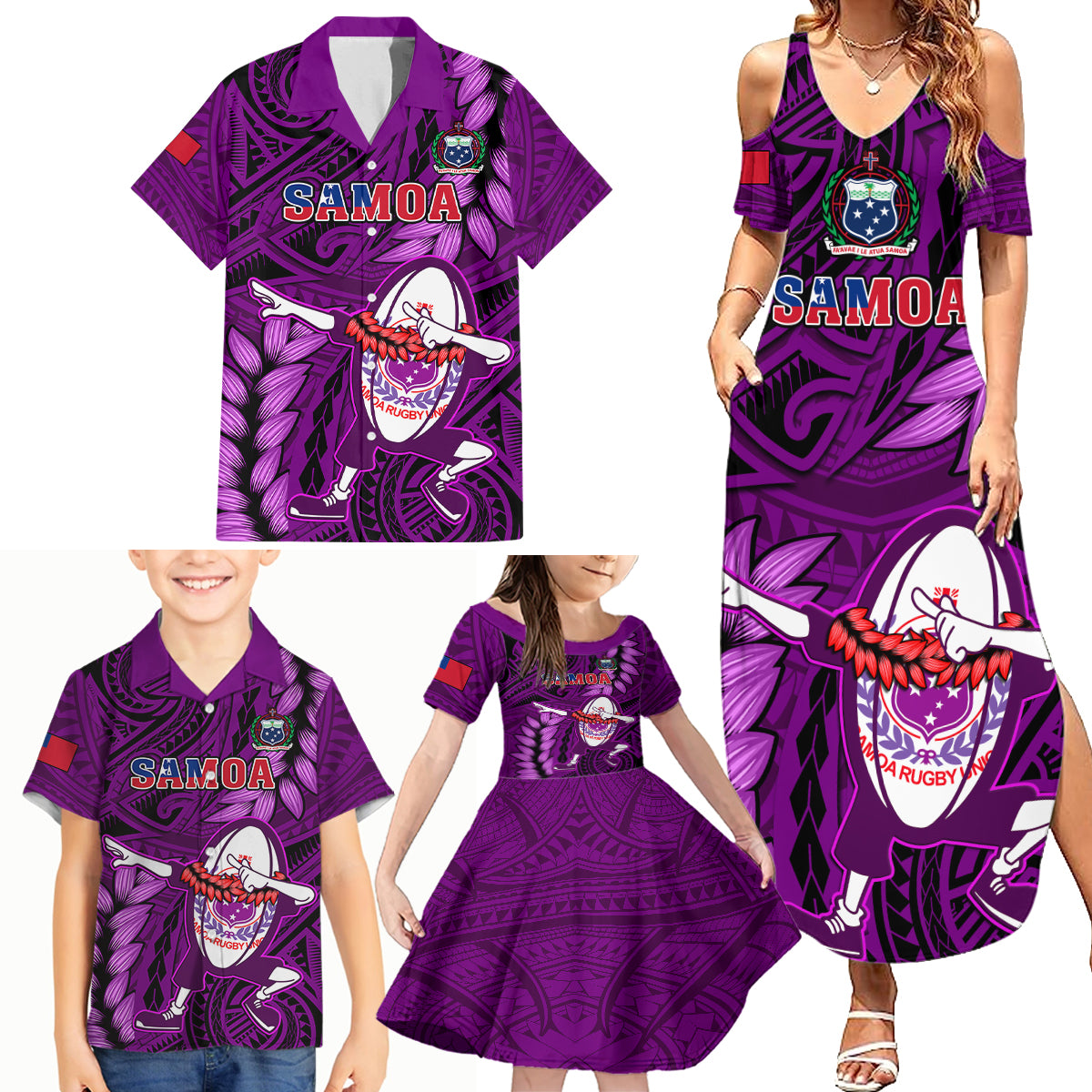 Samoa Rugby Family Matching Summer Maxi Dress and Hawaiian Shirt Manu Samoa Ula Fala Dabbing Ball Polynesian Purple Version LT14 Purple - Polynesian Pride