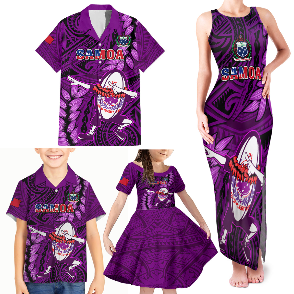 Samoa Rugby Family Matching Tank Maxi Dress and Hawaiian Shirt Manu Samoa Ula Fala Dabbing Ball Polynesian Purple Version LT14 Purple - Polynesian Pride