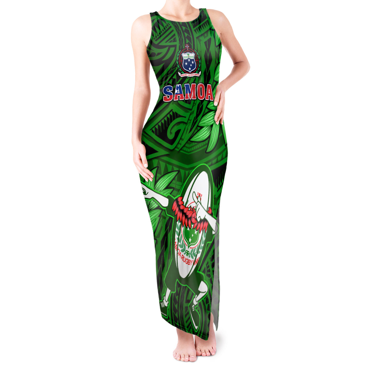 Samoa Rugby Tank Maxi Dress Manu Samoa Ula Fala Dabbing Ball Polynesian Green Version LT14 Women Green - Polynesian Pride