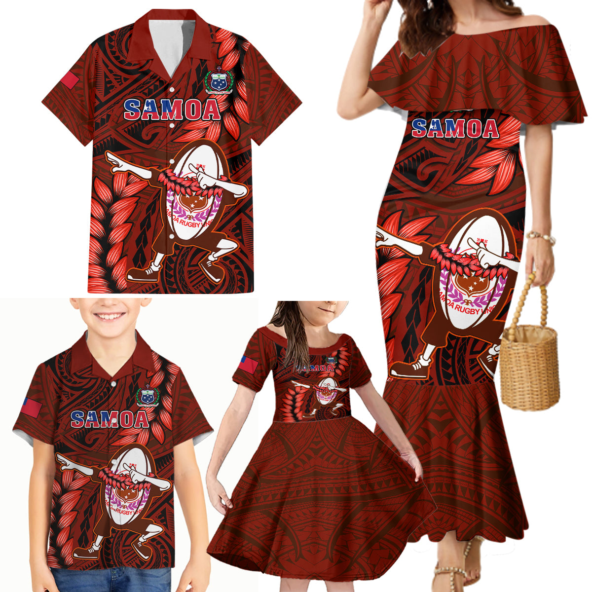 Samoa Rugby Family Matching Mermaid Dress and Hawaiian Shirt Manu Samoa Ula Fala Dabbing Ball Polynesian Red Version LT14 Red - Polynesian Pride