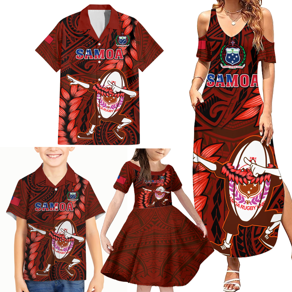 Samoa Rugby Family Matching Summer Maxi Dress and Hawaiian Shirt Manu Samoa Ula Fala Dabbing Ball Polynesian Red Version LT14 Red - Polynesian Pride