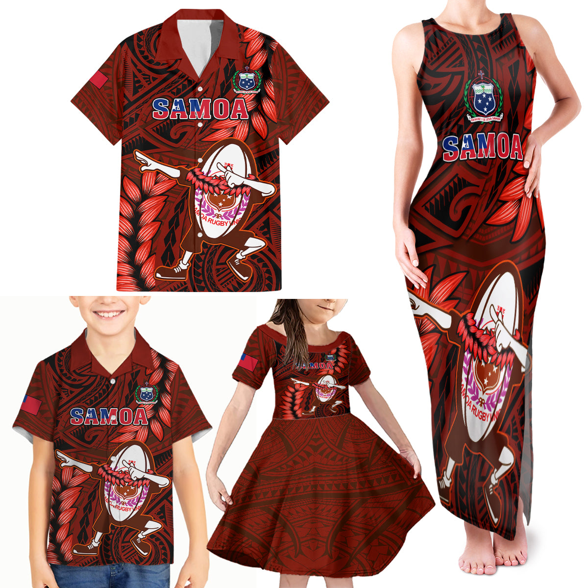 Samoa Rugby Family Matching Tank Maxi Dress and Hawaiian Shirt Manu Samoa Ula Fala Dabbing Ball Polynesian Red Version LT14 Red - Polynesian Pride