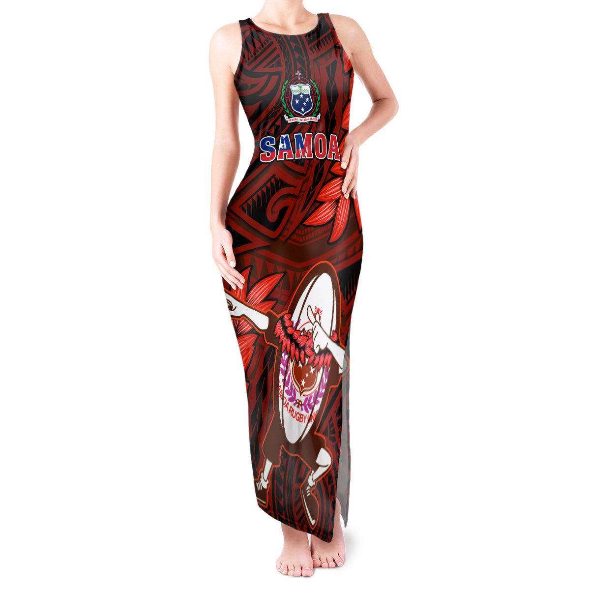 Samoa Rugby Tank Maxi Dress Manu Samoa Ula Fala Dabbing Ball Polynesian Red Version LT14 Women Red - Polynesian Pride