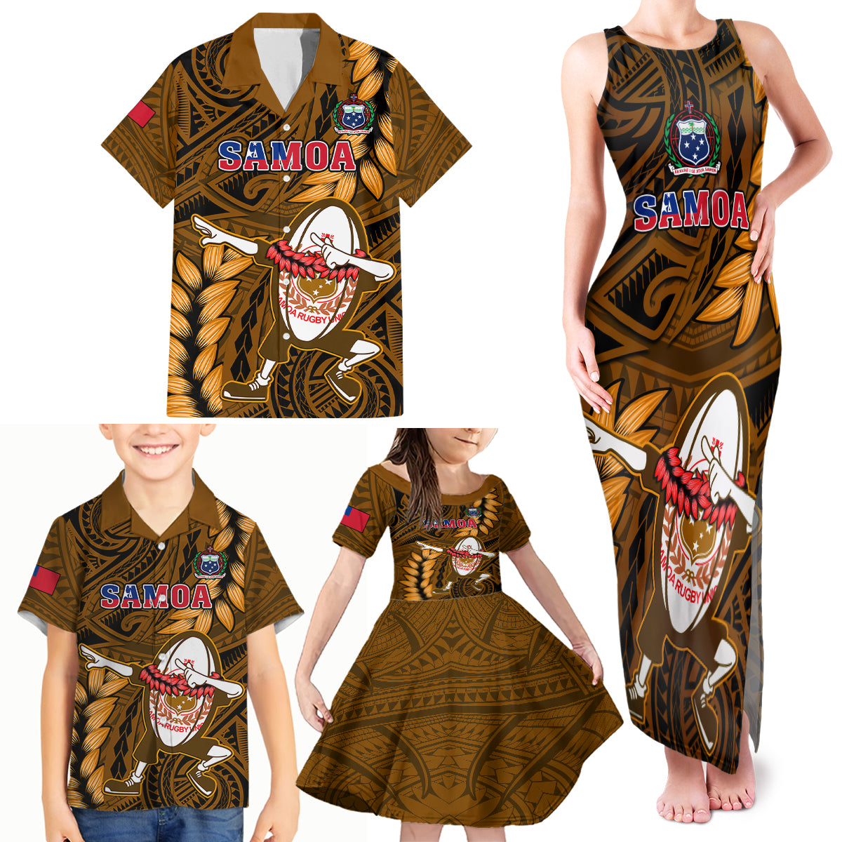 Samoa Rugby Family Matching Tank Maxi Dress and Hawaiian Shirt Manu Samoa Ula Fala Dabbing Ball Polynesian Gold Version LT14 Gold - Polynesian Pride