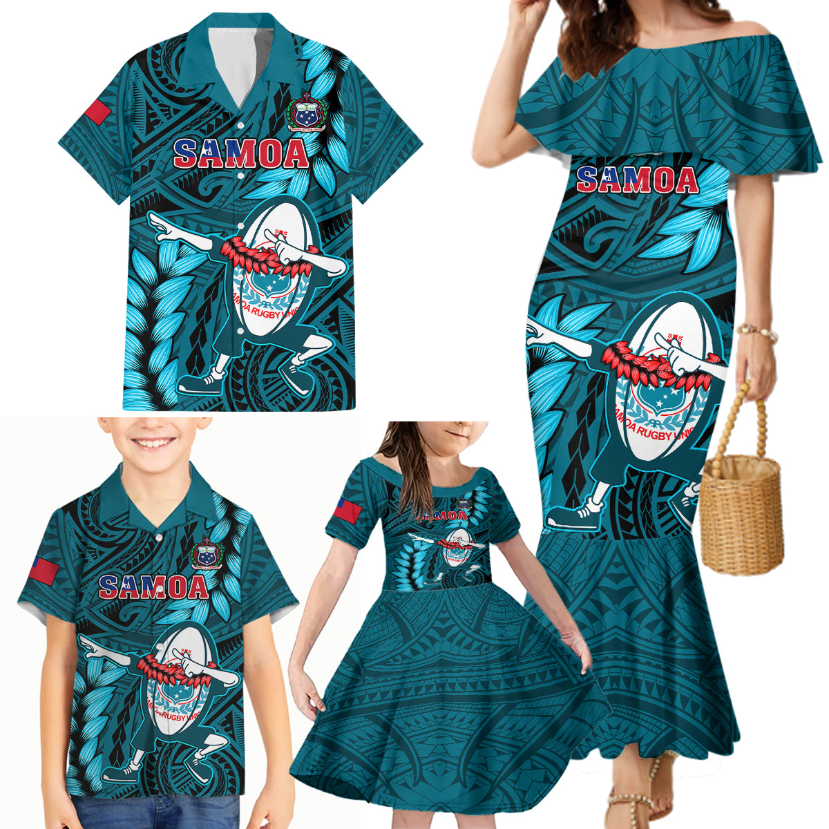 Samoa Rugby Family Matching Mermaid Dress and Hawaiian Shirt Manu Samoa Ula Fala Dabbing Ball Polynesian Turquoise Version LT14 Turquoise - Polynesian Pride