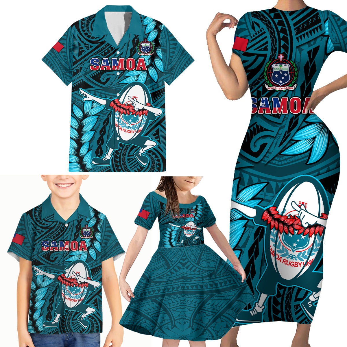 Samoa Rugby Family Matching Short Sleeve Bodycon Dress and Hawaiian Shirt Manu Samoa Ula Fala Dabbing Ball Polynesian Turquoise Version LT14 Turquoise - Polynesian Pride